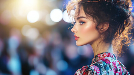 A woman with curly hair and makeup, wearing a floral dress, standing in front of a blurred background with bright lights.