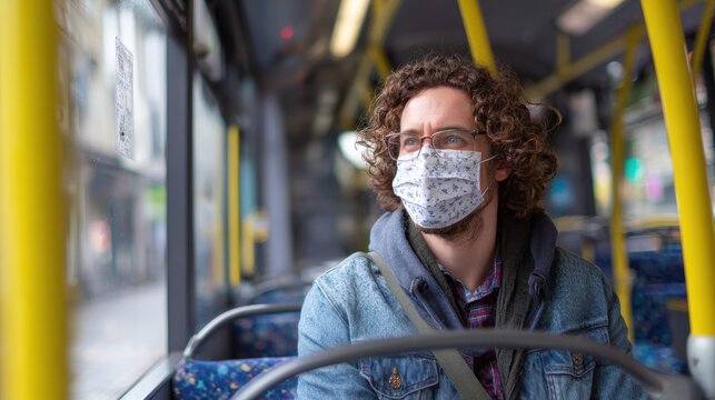 Bus Mask. Young Man in Protective Mask on Public Bus Distant Public Transport Situation