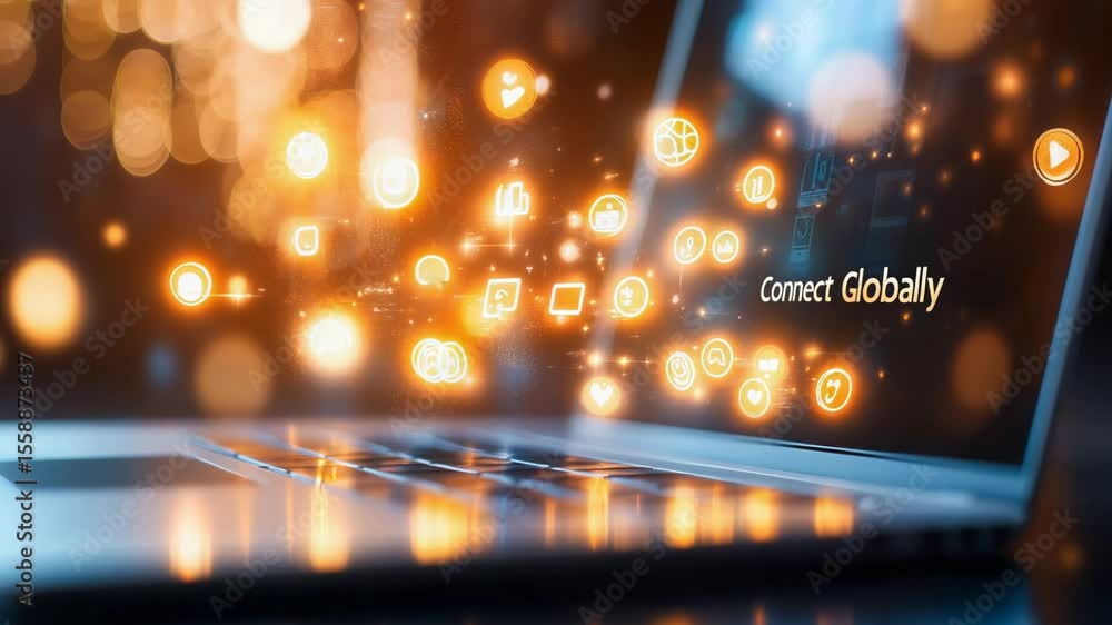 Poster laptop displaying glowing digital icons and connect globally message
