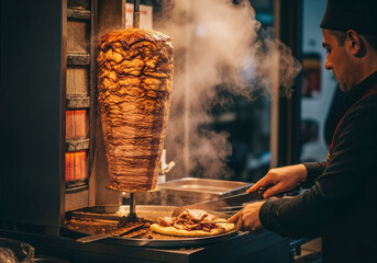 Skilled Chef Slicing Fresh Doner Kebab with Steam Rising from Traditional Vertical Rotisserie