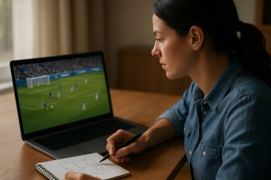 Focused soccer coach analyzing game strategy on laptop and drawing game plan on notepad, developing tactics for competition