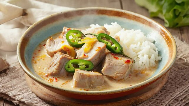 Bicol express, close-up of a spicy coconut pork stew with chili, served with rice, vibrant colors, and rich textures in a Filipino kitchen
