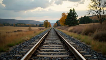 Fototapeta premium Railroad Tracks Leading Into the Distance Amidst Autumn Scenery