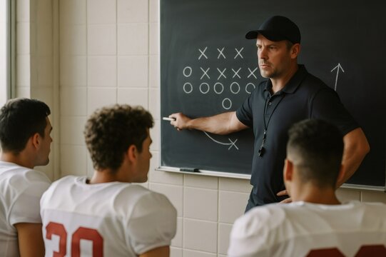 American football coach using blackboard to explain game strategy to his team in the locker room