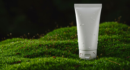White Cosmetic Tube with Water Droplets on Green Mossy Surface.