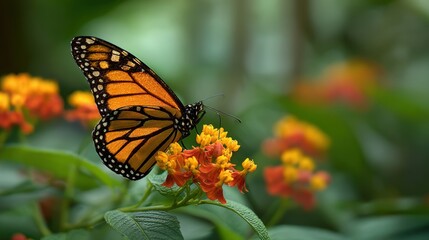 Butterfly Flower Bed. Monarch Butterfly and Orange Flower in Tropical Garden Setting