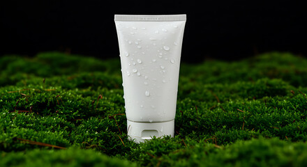 White Cosmetic Tube with Water Droplets on Mossy Surface.