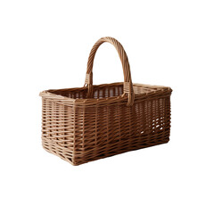 Empty Light Brown Wicker Basket with Handle, Rustic Style, Isolated Transparent Background