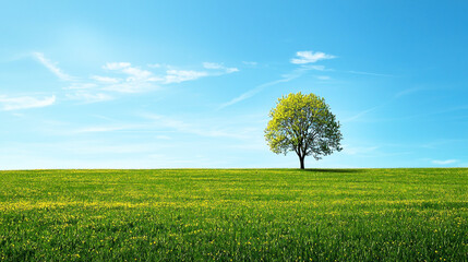 A lone tree stands in a vast, green meadow under a clear blue sky with a few scattered clouds.