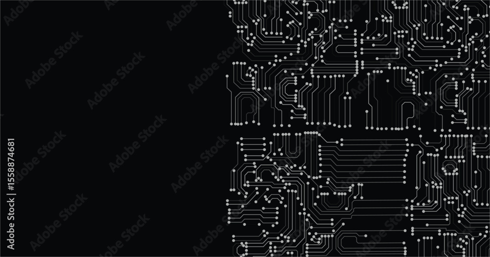 Poster white circuit line technology pattern on black background vector. circuit board texture background, 