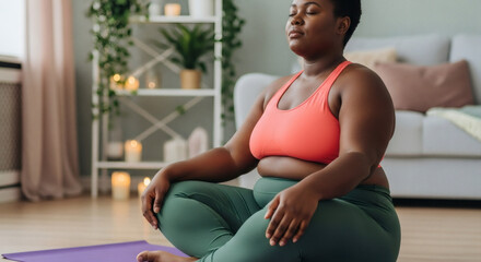 A beautiful black woman practices meditation in her cozy and bright living room