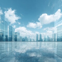 Fototapeta premium Empty plaza with reflective floor, overlooking a modern cityscape under a partly cloudy sky
