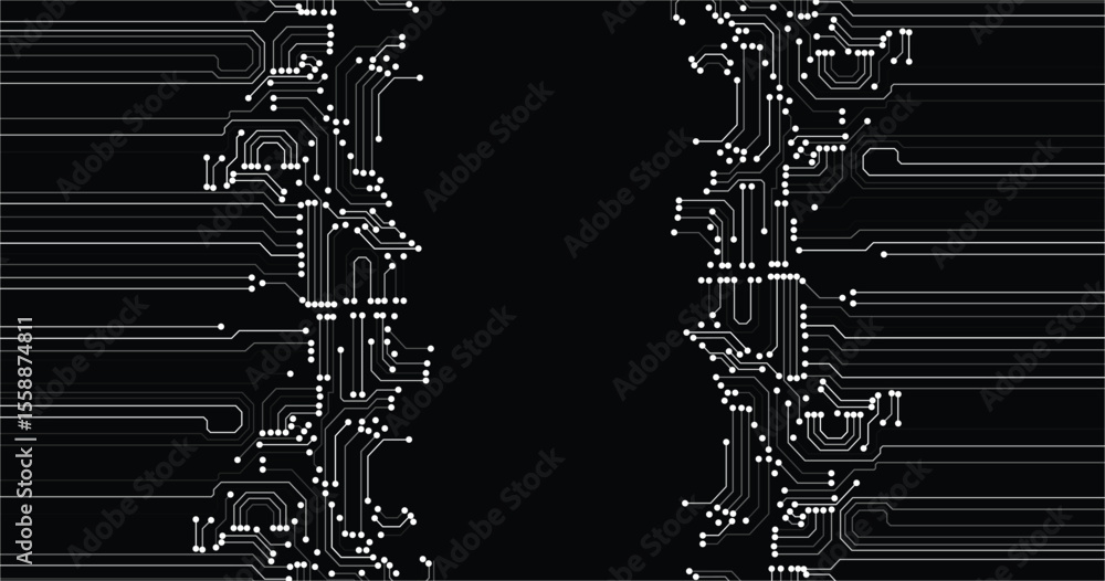 Poster Circuit Board texture Background, seamless pattern. White circuit line technology pattern on black background vector 