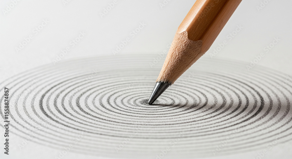 Poster close-up of pencil drawing concentric circles on paper, showcasing process of creation, symbolizing 
