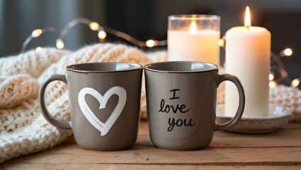 Two mugs with candles and blanket heart love