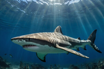 Fototapeta premium Tiger shark swimming in clear blue ocean water underwater marine life