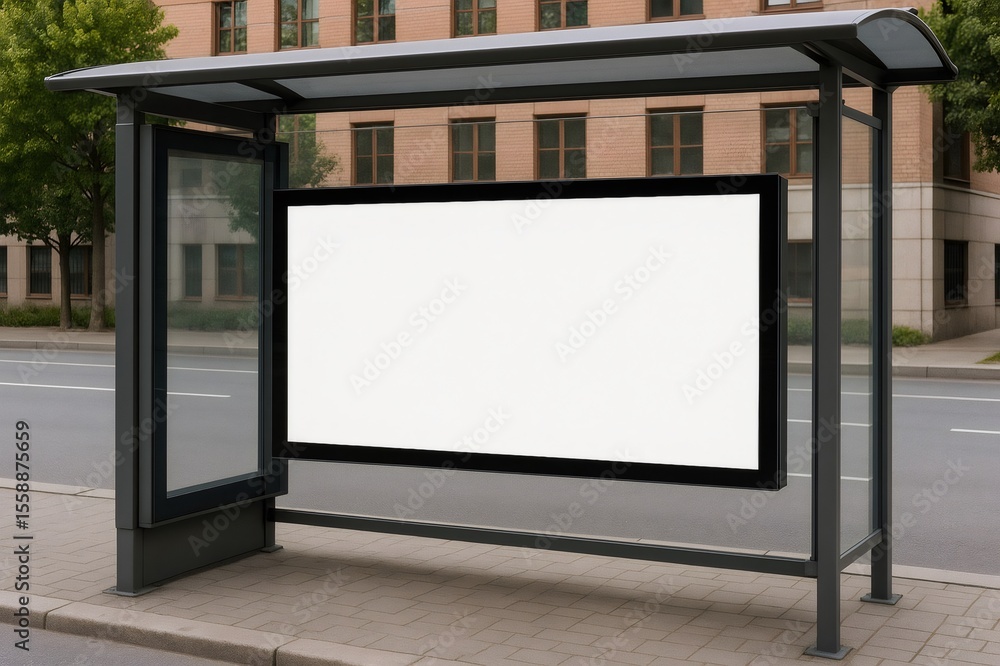 Poster empty billboard positioned at a bus stop, featuring a white screen designed for advertisements in a 