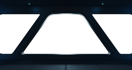 Naklejka na ściany i meble Black spaceship interior with isolated cut out transparent window. Futuristic dark starship with glowing lights