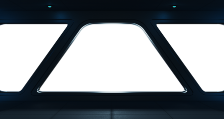 Black spaceship interior with isolated cut out transparent window. Futuristic dark starship with glowing lights