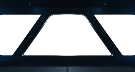 Fotobehang Black spaceship interior with isolated cut out transparent window. Futuristic dark starship with glowing lights © sdecoret