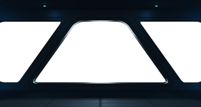 Black spaceship interior with isolated cut out transparent window. Futuristic dark starship with glowing lights