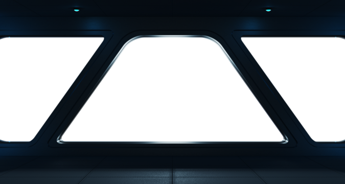 Black spaceship interior with isolated cut out transparent window. Futuristic dark starship with glowing lights