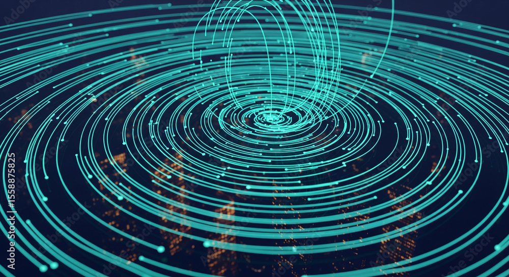Poster abstract teal lines forming concentric circles, creating a dynamic, swirling effect over a dark city