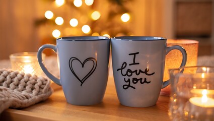 Fototapeta premium Two mugs with romantic inscriptions and candles heart