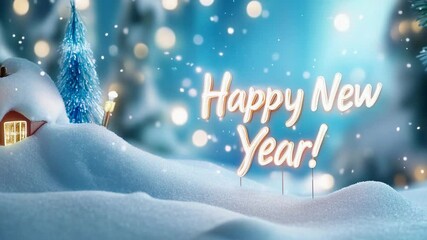 Festive winter wonderland with snowy scenery and happy new year message - Powered by Adobe