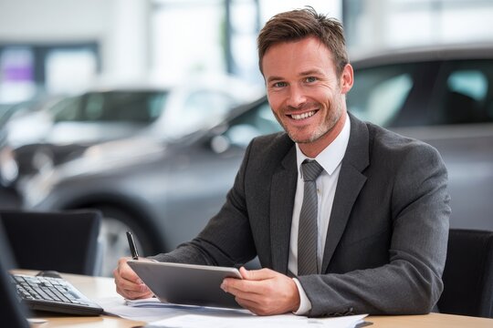 Car Salesman Computer. Professional Salesman Using Digital Tablet at Desk