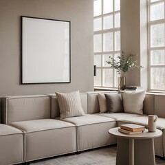 Beige sectional sofa with blank framed art and neutral interior decor