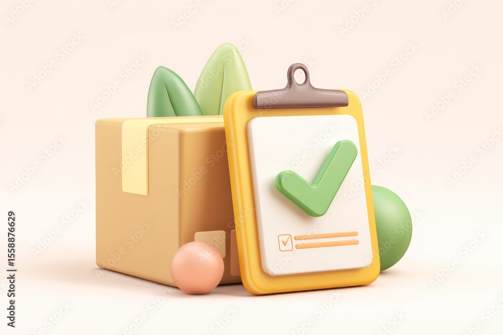 Fototapete 3d render of a box checklist with a green checkmark and spheres on a light background