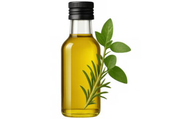 Golden olive oil bottle with aromatic rosemary and basil sprig, showcasing premium quality ingredients on clean background