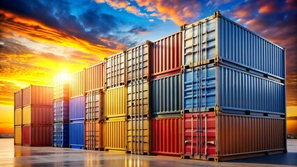 Vibrant Shipping Containers Stacked High Against a Dramatic Sky at Sunset Displaying Logistics and Transportation
