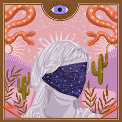 modern illustration in boho country style with elements of astrology and tarot. female character and constellations	