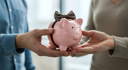 Two people exchange piggy bank