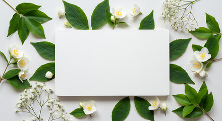 White Rectangular Card Surrounded by Flowers and Leaves.