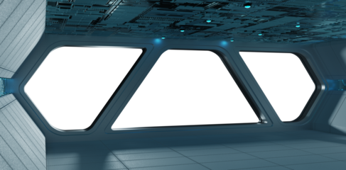 Black spaceship interior with isolated cut out transparent window. Futuristic dark starship with glowing lights