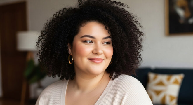 A smiling woman with beautiful curly hair looks away confidently, showing her natural beauty.
