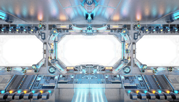 White spaceship with isolated cut out transparent window. Futuristic bright glossy interior with glowing lights