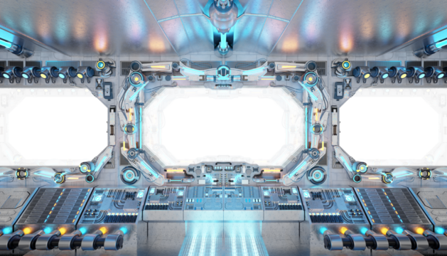 White spaceship with isolated cut out transparent window. Futuristic bright glossy interior with glowing lights