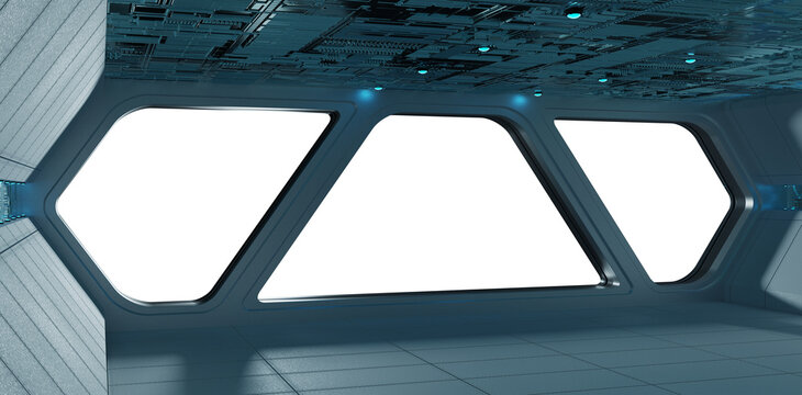 Black spaceship interior with isolated cut out transparent window. Futuristic dark starship with glowing lights