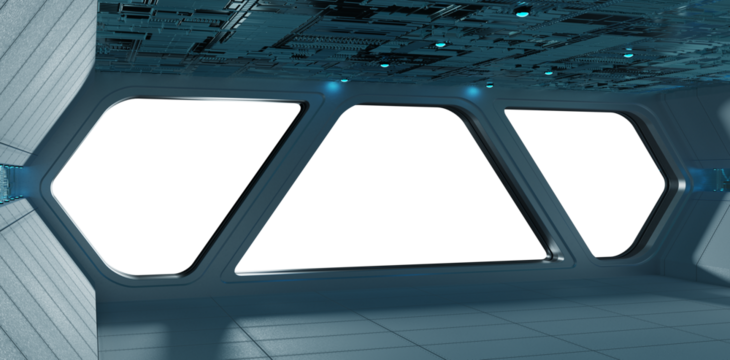 Black spaceship interior with isolated cut out transparent window. Futuristic dark starship with glowing lights