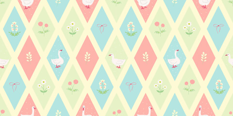 Cute seamless vector pattern with white geese, spring and summer flowers, and pastel diamond-shaped bows. Ideal for baby products, textiles, wallpaper, gift wrapping and nursery decor.
