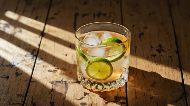 Brazilian cacha&ccedil;a, served in a glass with lime wedges and ice, rustic wooden table, soft golden light reflecting the drinks clarity
