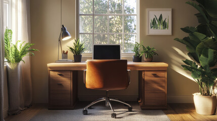 A functional home office setup with a wooden desk, comfortable chair, laptop, and indoor plants for a calming, productive atmosphere. —ar 16:9 