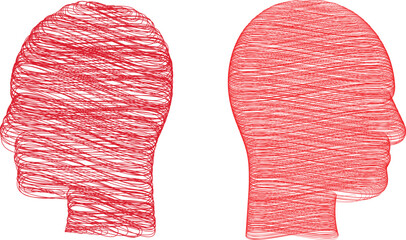 Abstract Red Profile Faces scribble line patterns Isolated on White. © HaqueMukul