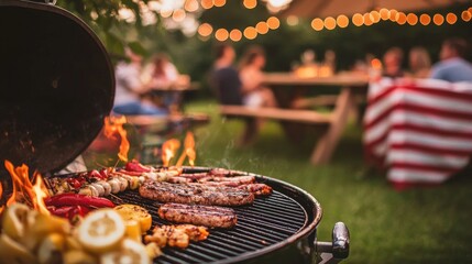 A backyard barbecue with grilled meats and vegetables, with people enjoying the outdoor setting.