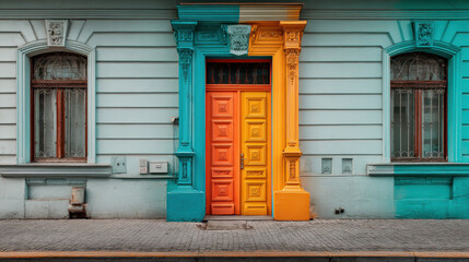 Obraz premium Colorful Front Door with Ornate Frame on Urban Building: Architectural Detail