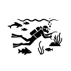 Scuba diver exploring underwater with fish and plants silhouette